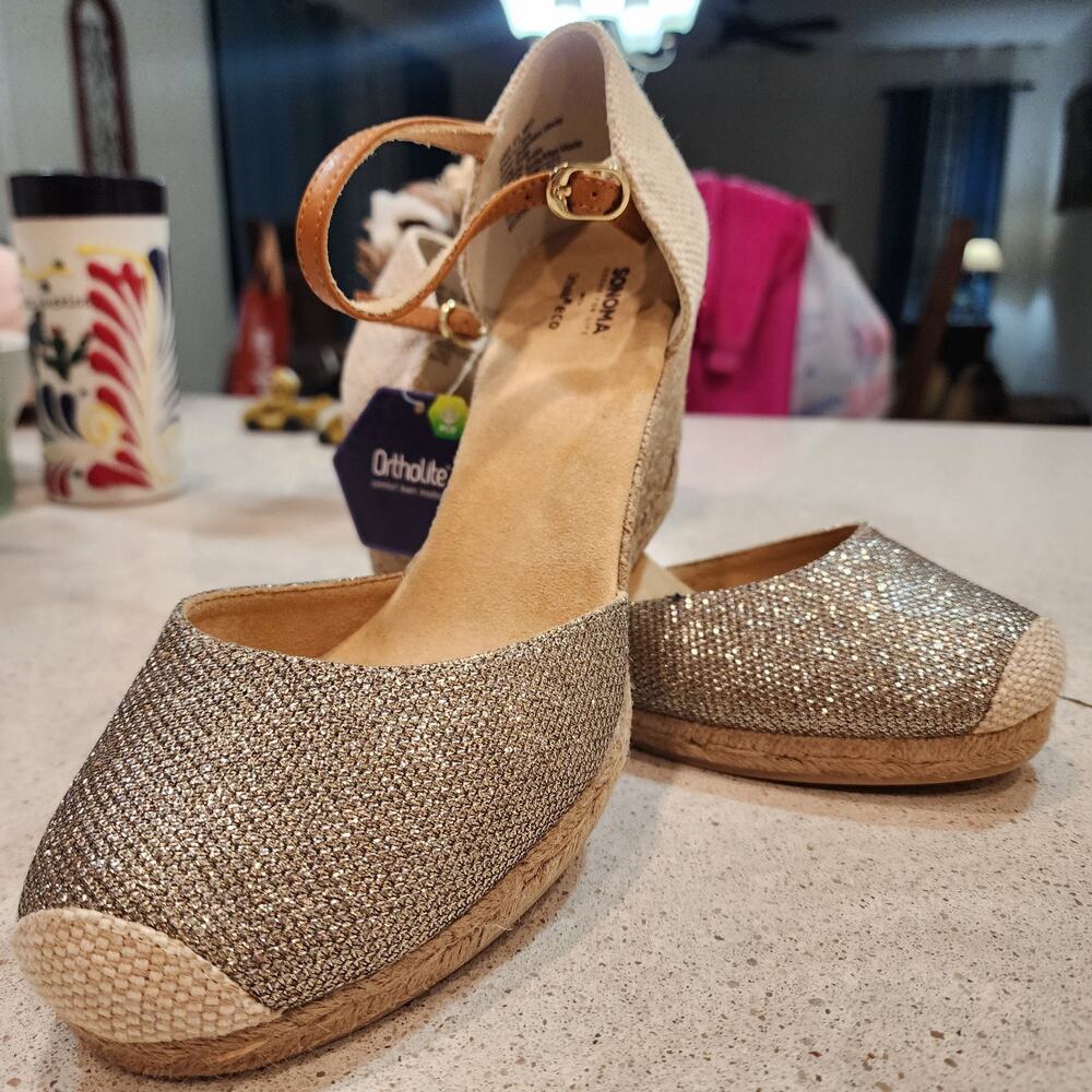 Sonoma Gooseberry Wedge Shoes Dress Sandals Women’s Size 9.5 Gold Shiny New - Picture 5 of 13